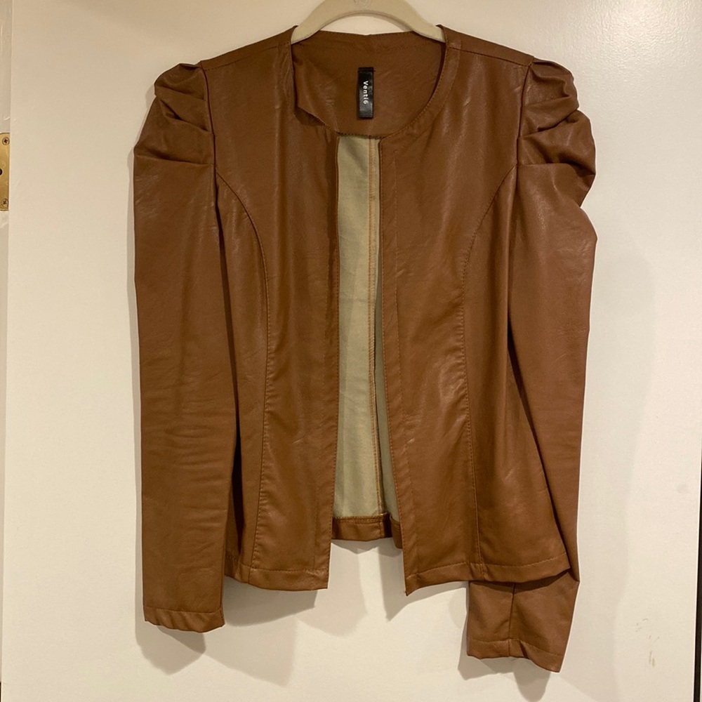 Cognac faux leather | Jacket | Ruched Shoulders